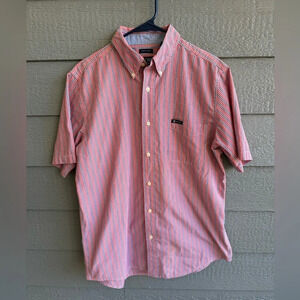 Chaps Easy Care Short Sleeve Orange Striped Shirt Button Up Adult Men's Medium